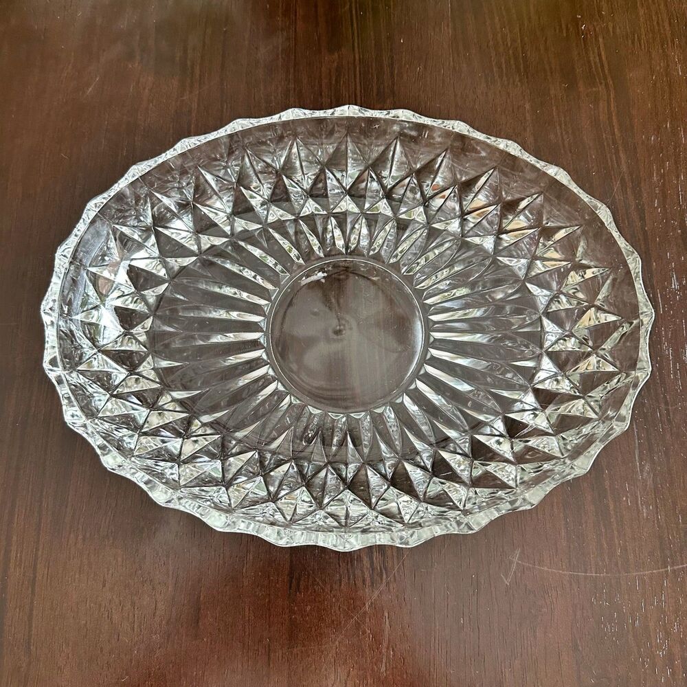 Vintage Oval Serving Dish Pressed Thick Glass Diamond Cut Pattern 90's Y2K
